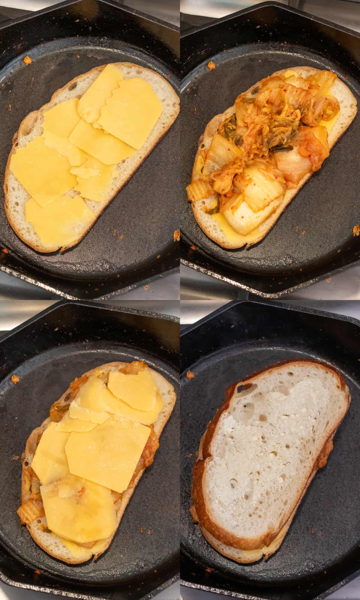 4 pictures of cast iron with slices of bread, cheese, topped with kimchi, then topped with cheese, and topped with sliced bread.