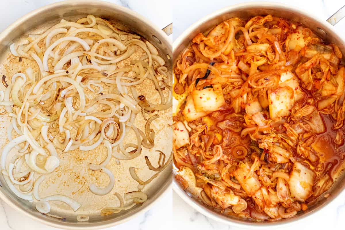 two pans one of sauteed onions and then with kimchi.