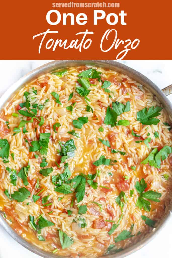 a pot of orzo with tomatoes, cheese, and parsley with Pinterest pin text.