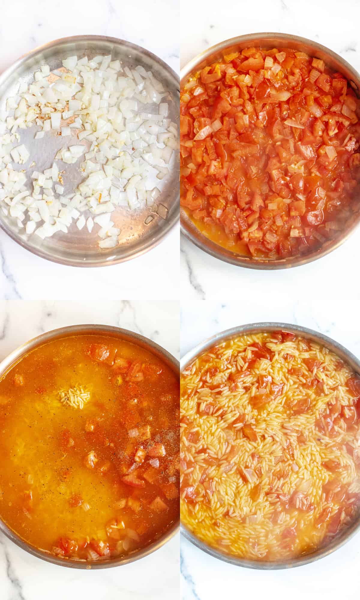 4 pictures of pans, one with sauteed onions, with tomatoes added, and then with stock and orzo added and cooked orzo.