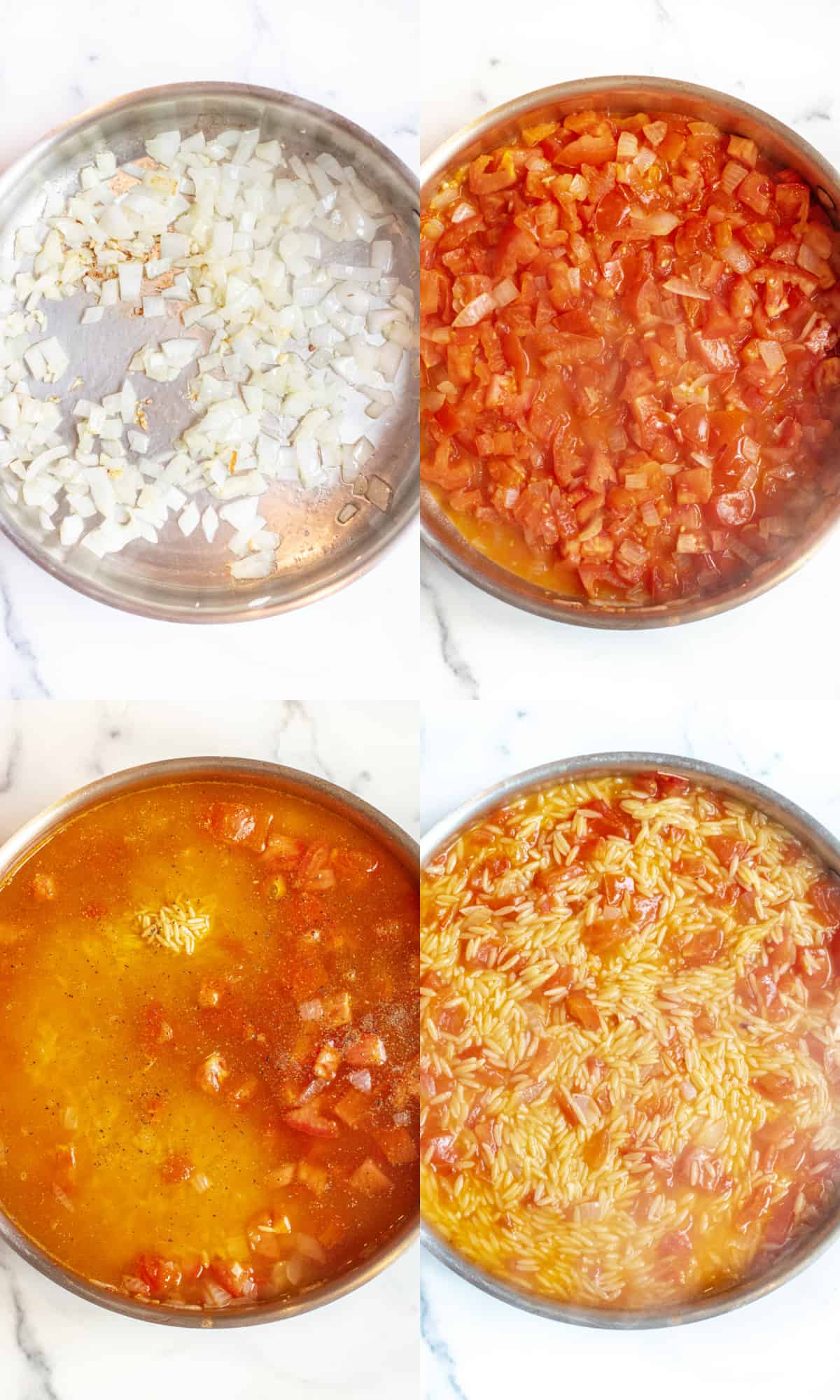 4 pictures of pans, one with sauteed onions, with tomatoes added, and then with stock and orzo added and cooked orzo.