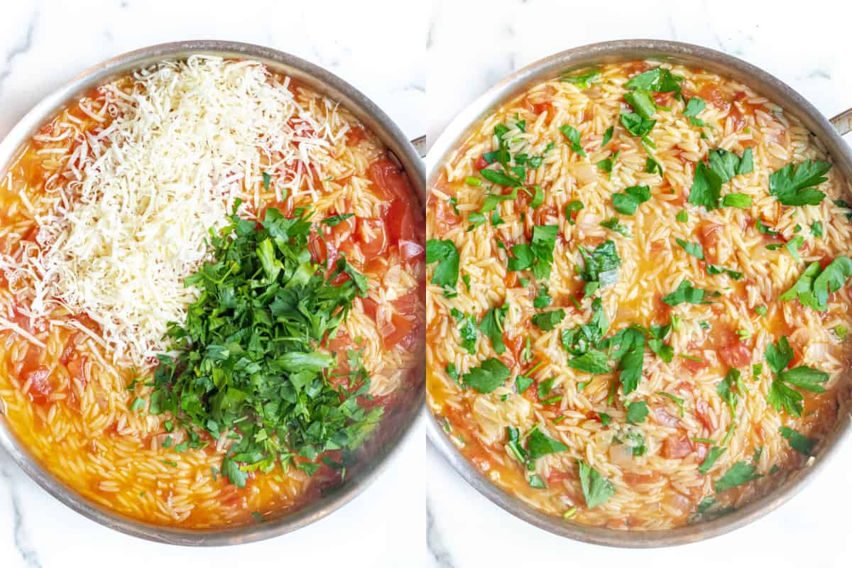 two pans, one with tomatoes and orzo with parsley and cheese and then another with it all mixed and topped with parsley.