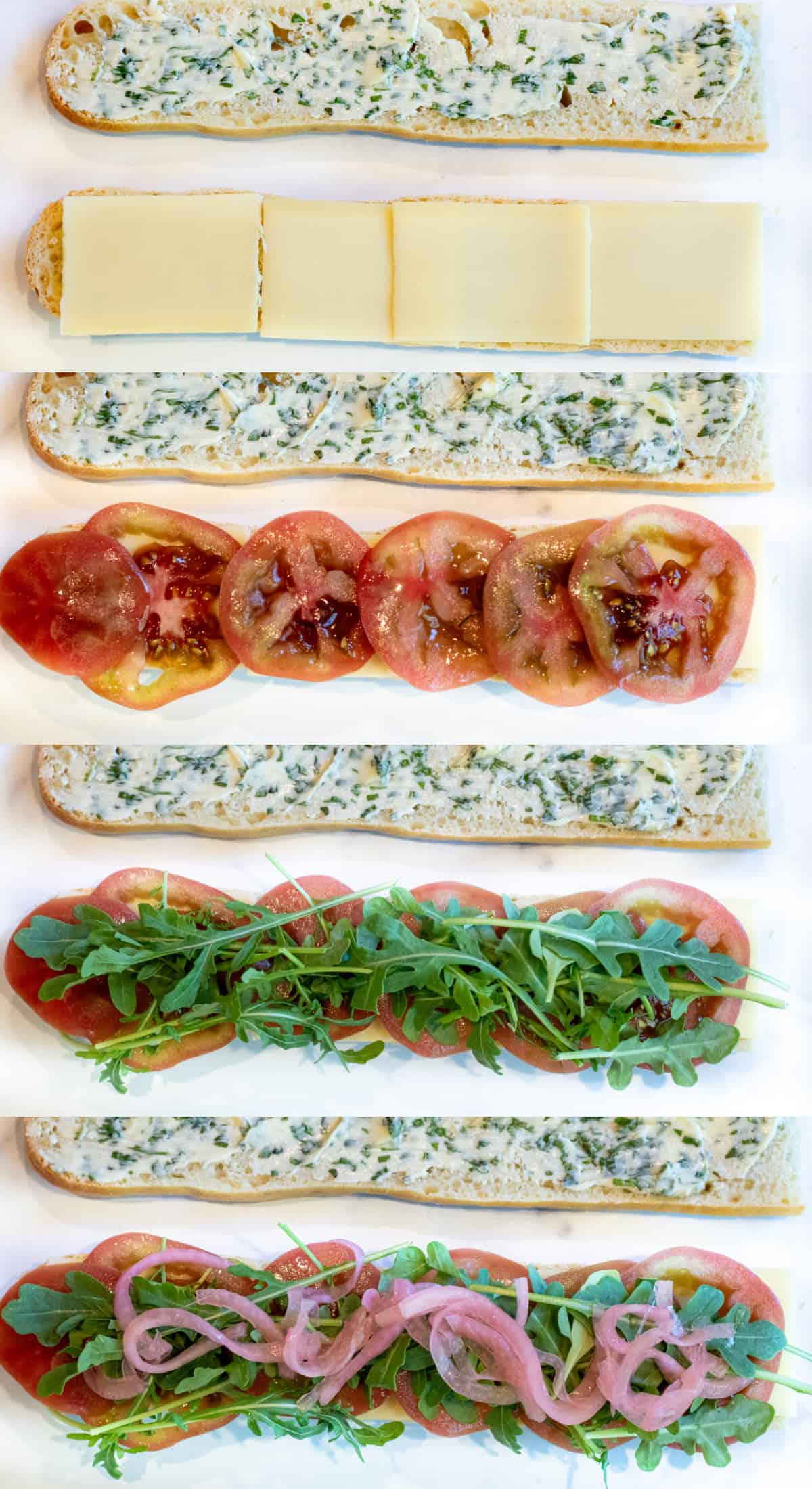 4 pictures of baguette with butter and herbs and then with cheese, with tomatoes, arugula, and then with pickled onions.