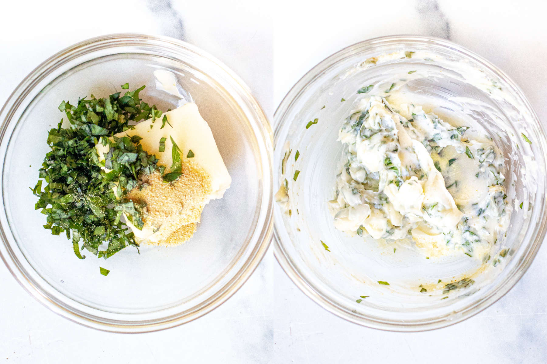 two bowls, one with butter and basil and garlic powder and then the next with it all mixed up.