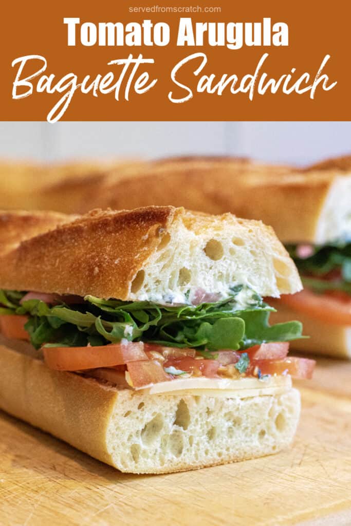 a baguette with arugula with tomatoes and cheese Pinterest pin text.