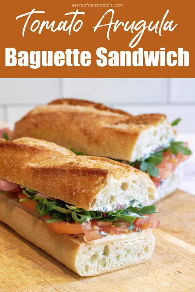 a baguette with arugula with tomatoes and cheese Pinterest pin text.