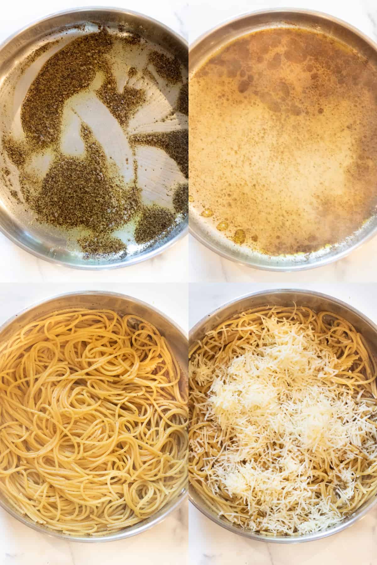 a picture of 4 pans, one with oil and pepper, then with pasta water, pasta added, and then cheese added.