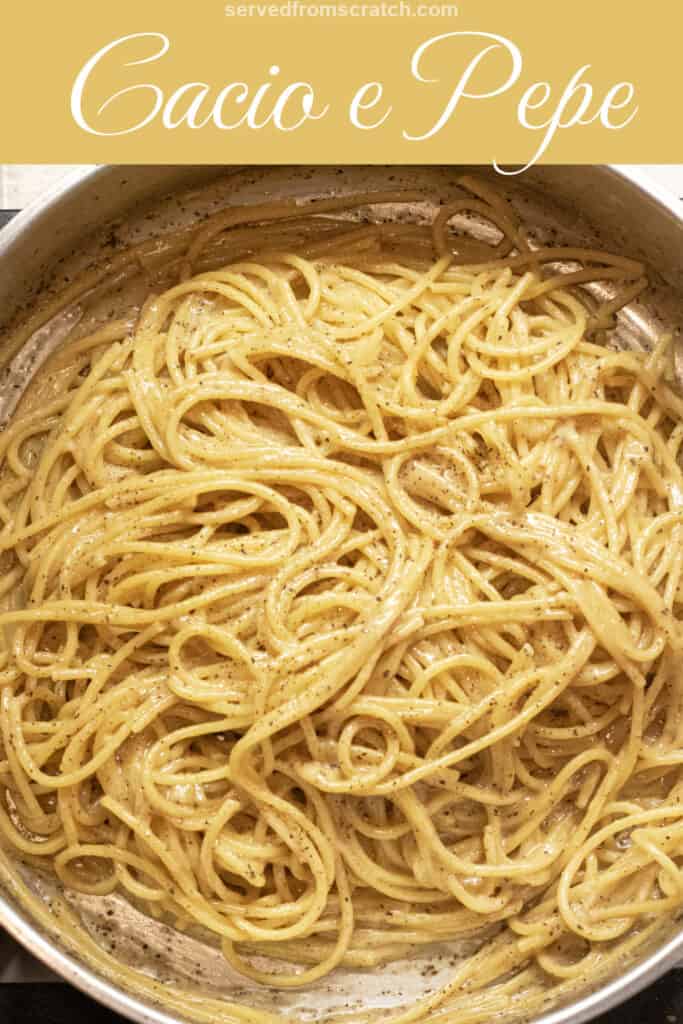 a pan with cooked spaghetti and pepper with Pinterest pin text.