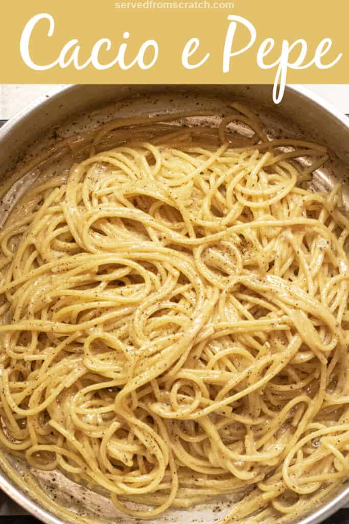 a pan with cooked spaghetti and pepper with Pinterest pin text.