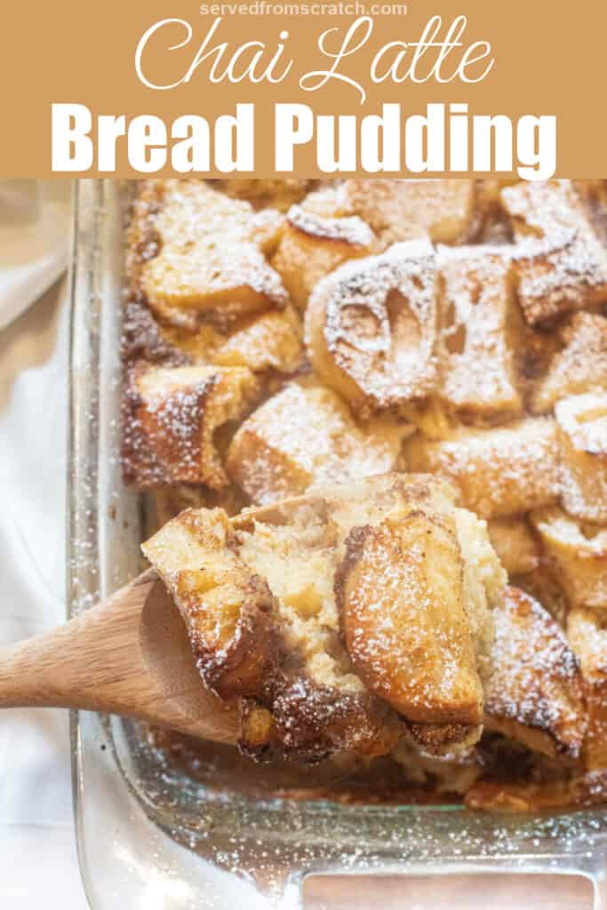 a dish of bread pudding with a wooden spoon with Pinterest pin text.