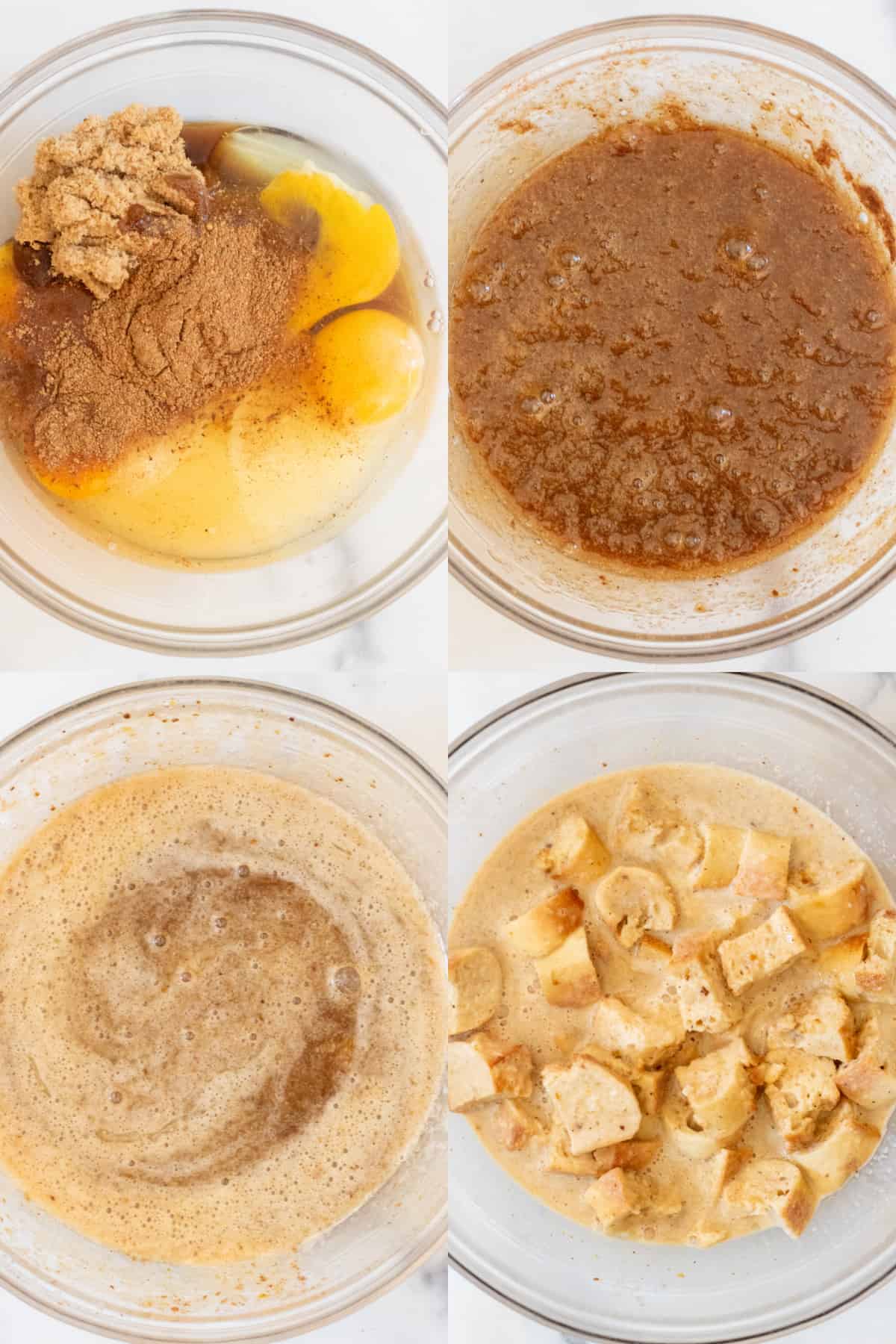 a picture with 4 bowls, one with eggs and sugars unmixed, one with it all mixed, and then with some milk, and then mixed with the bread.