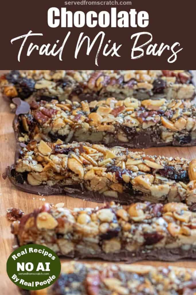 trail mix bars on a counter with Pinterest pin text with NO AI sticker.