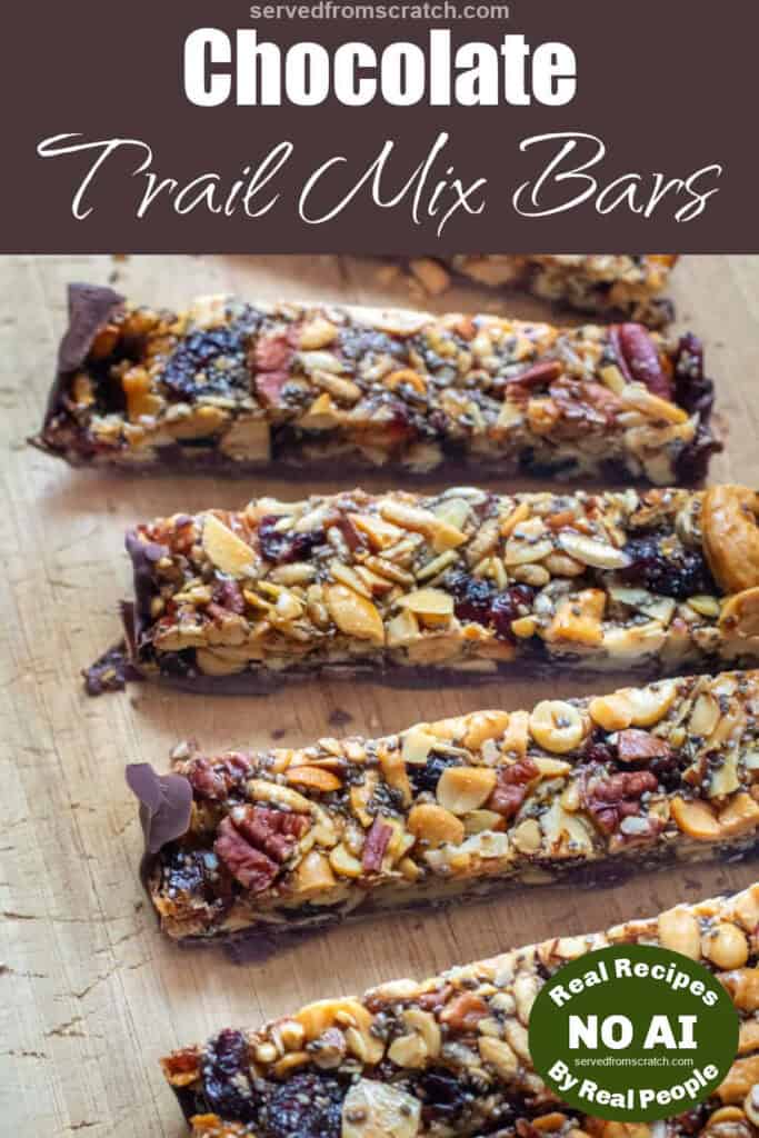 trail mix bars on a counter with Pinterest pin text with NO AI sticker.