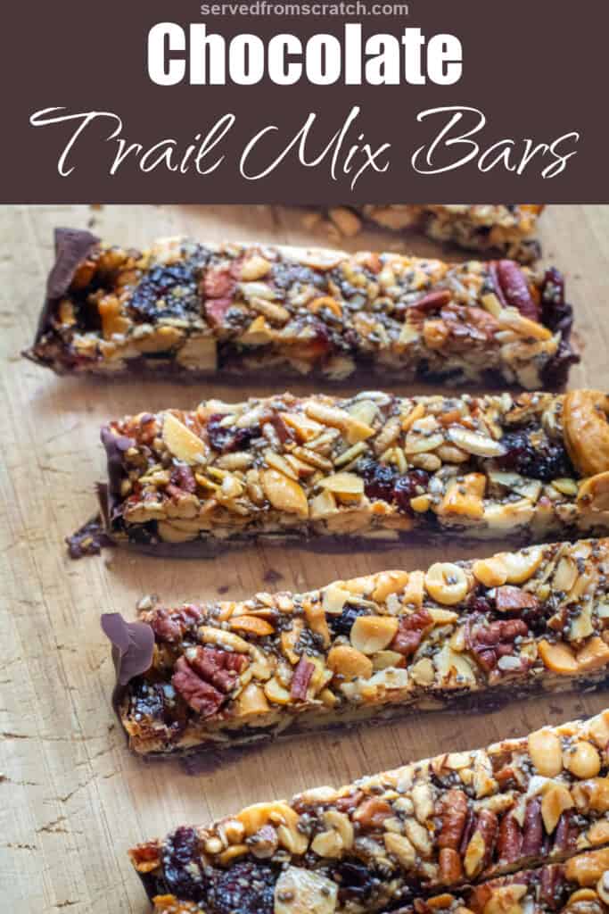 trail mix bars on a counter with Pinterest pin text.