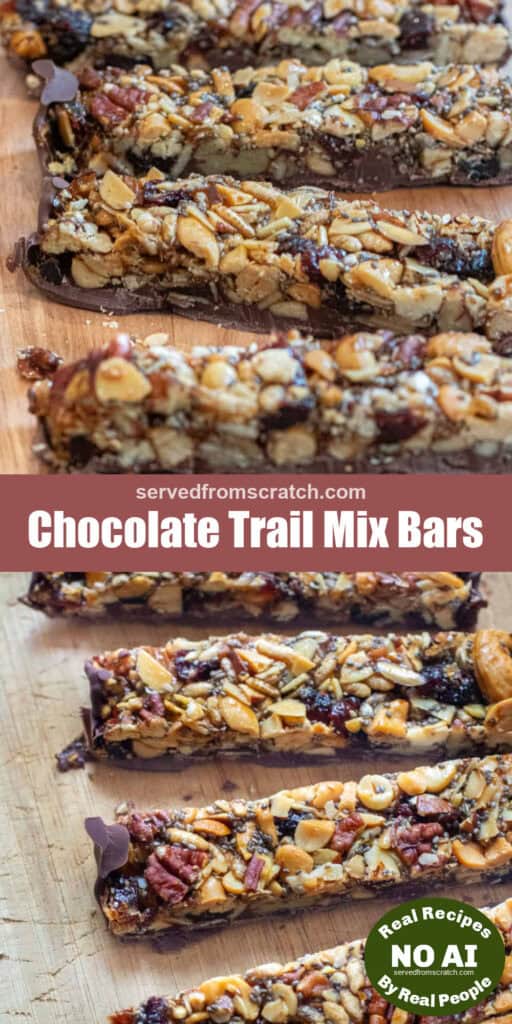trail mix bars on a counter with Pinterest pin text with NO AI sticker.