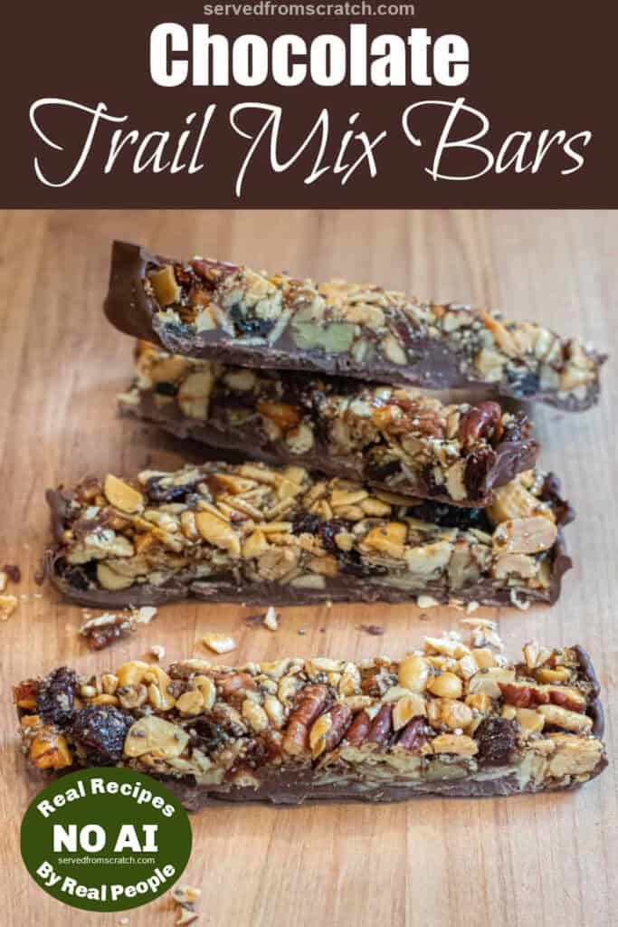 trail mix bars on a counter with Pinterest pin text with NO AI sticker.