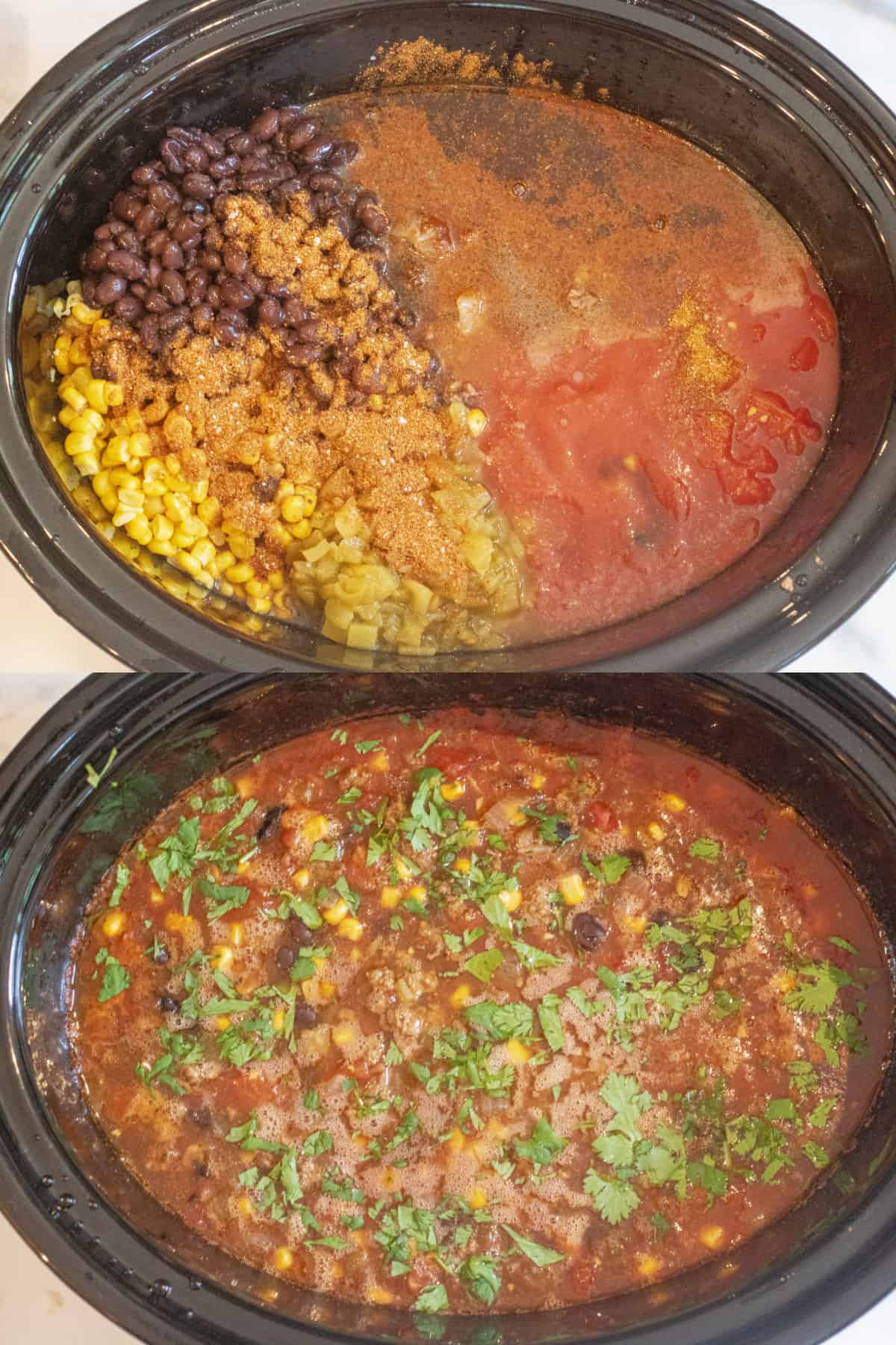 two crock pots of all ingredients of corn, black beans, and spices, and it all cooked topped with cilantro.
