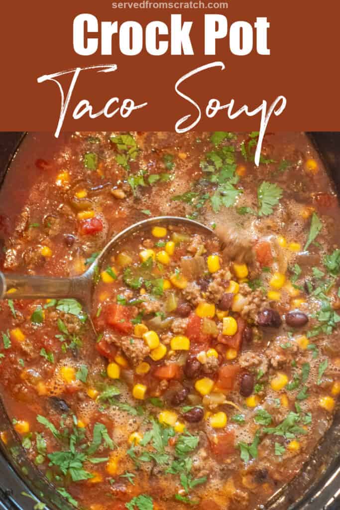 a ladle in a crock pot with beef and beans and corn soup with Pinterest pin text.