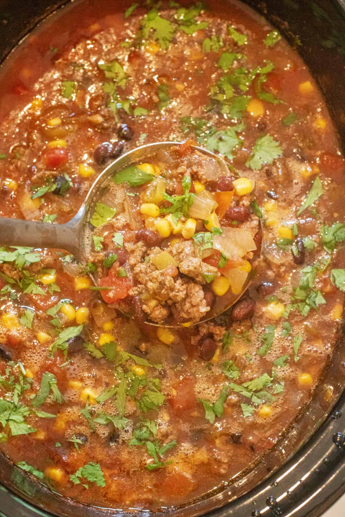 a ladle in a crock pot with beef and beans and corn soup.