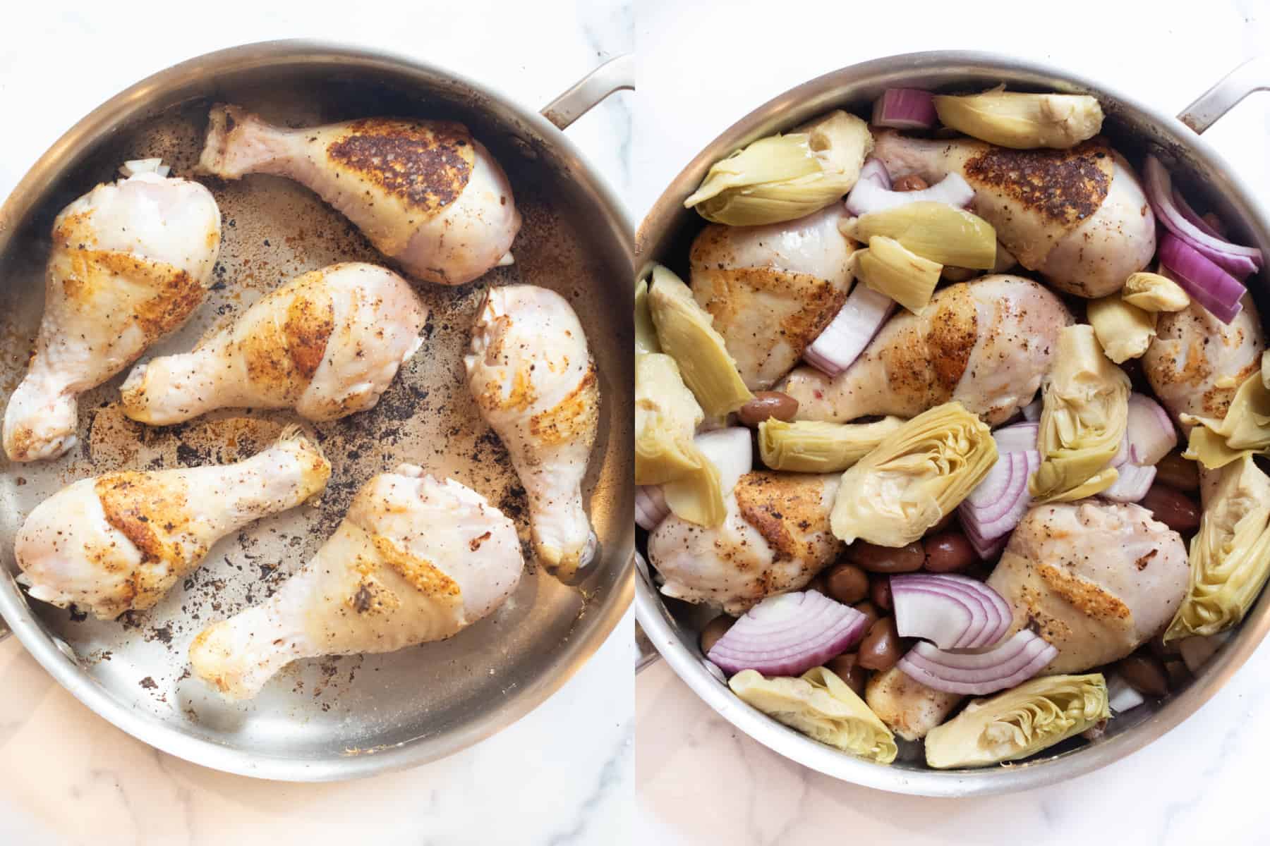 a picture of two pans one with seared chicken legs and one with artichokes and onions and olives.