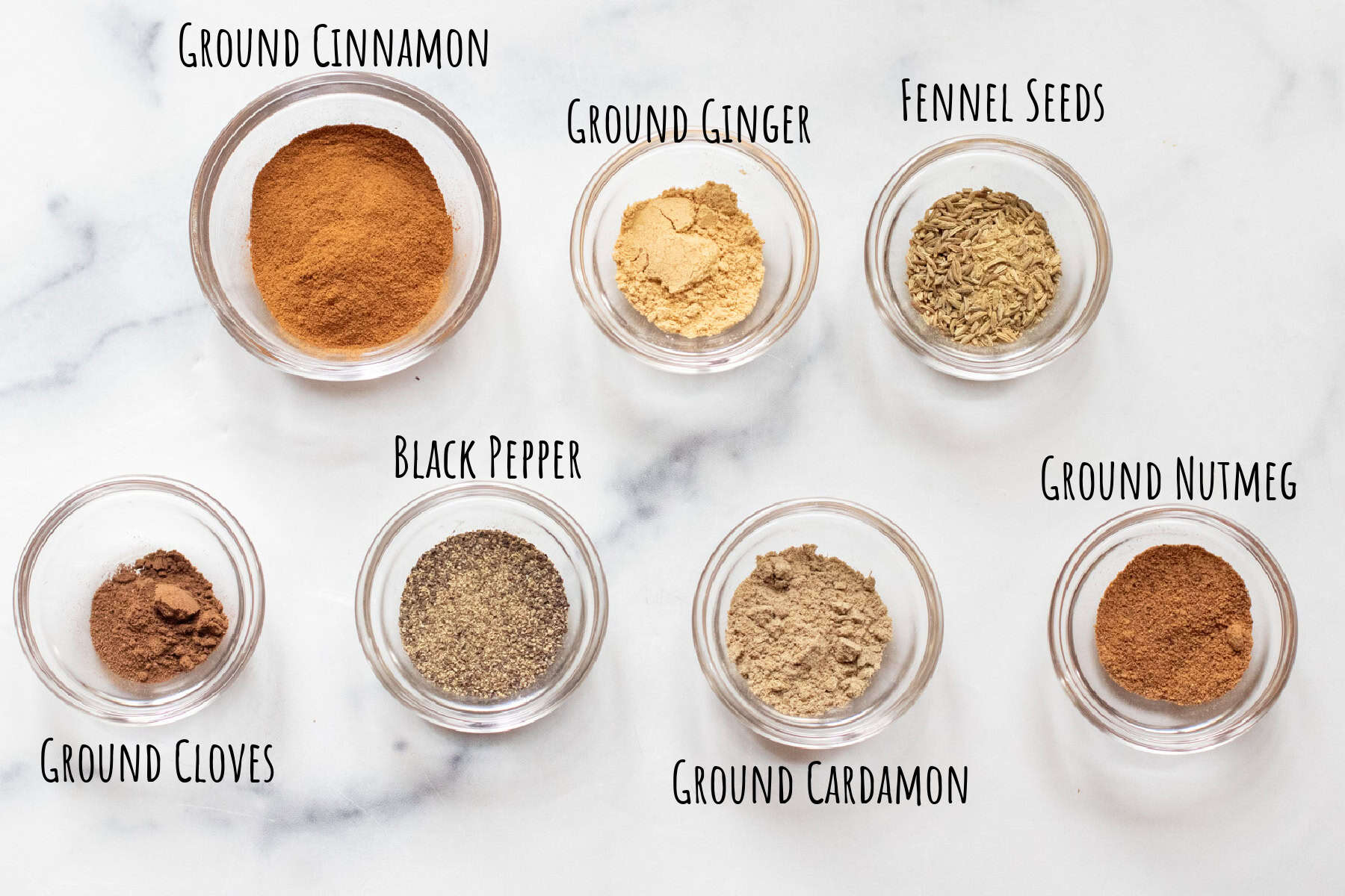 labeled bowls of cinnamon, ginger, fennel seeds, ground cloves, nutmeg, black pepper, ground cardamon.