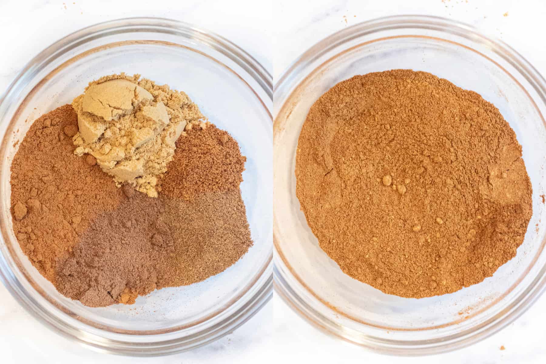 two bowls, one with a bunch of spices separate and then another bowl all mixed together.