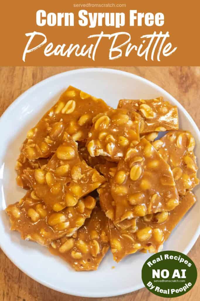 a plate of peanut brittle with Pinterest pin text with NO AI sticker.