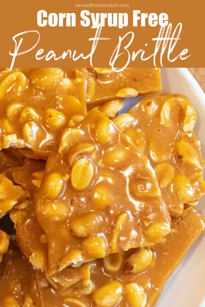 a plate of peanut brittle with Pinterest pin text.
