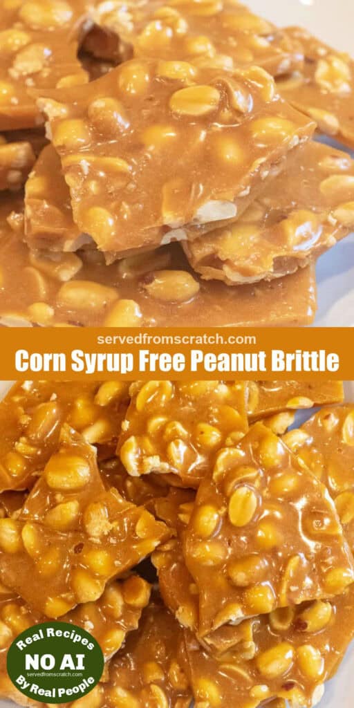 a close up of a plate of broke up peanut brittle, Pinterest pin text, and then an overhead of the plate with NO AI sticker.