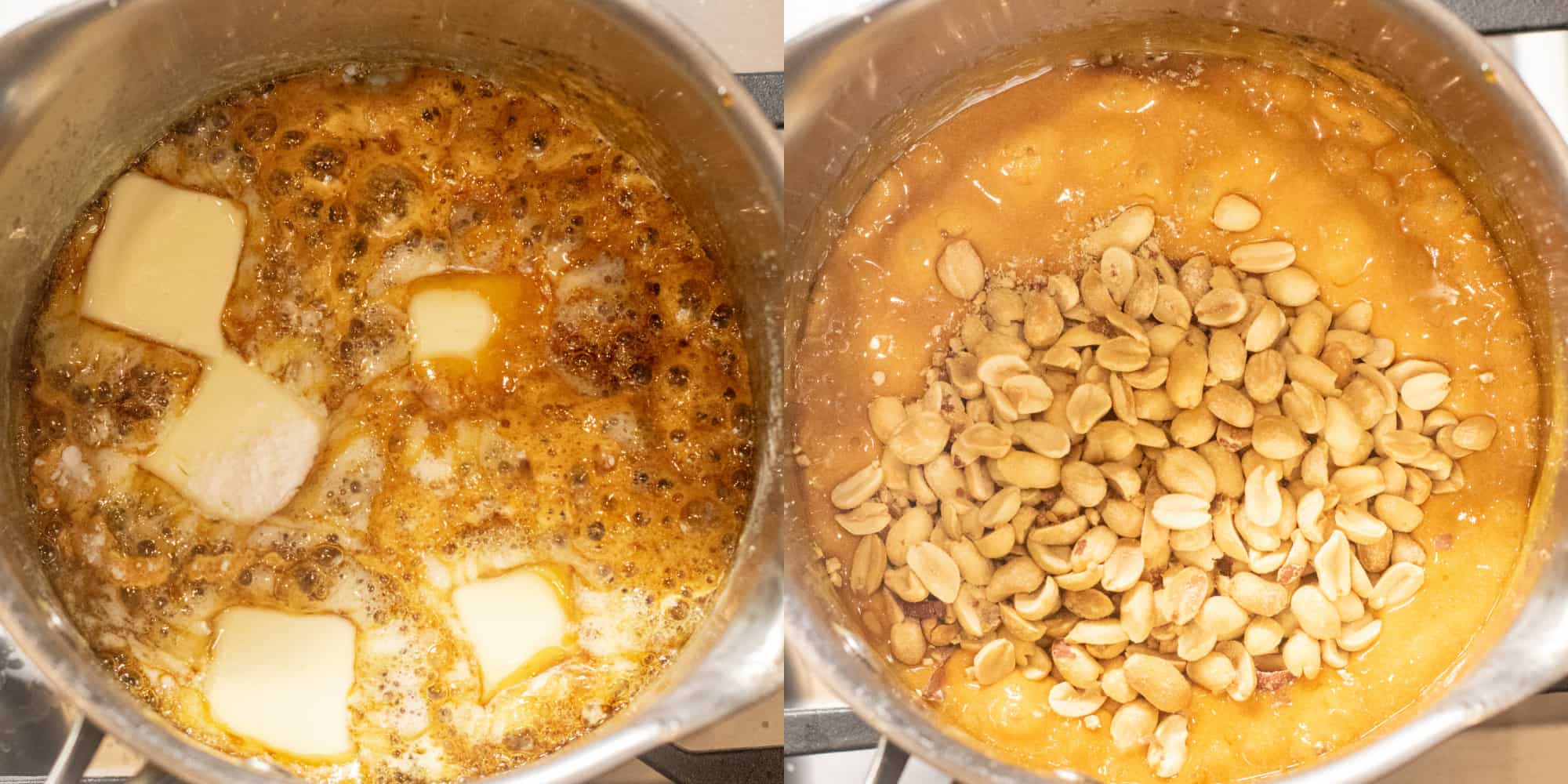 a picture of two pots one with butter added to bubbling sauce and then with peanuts added.