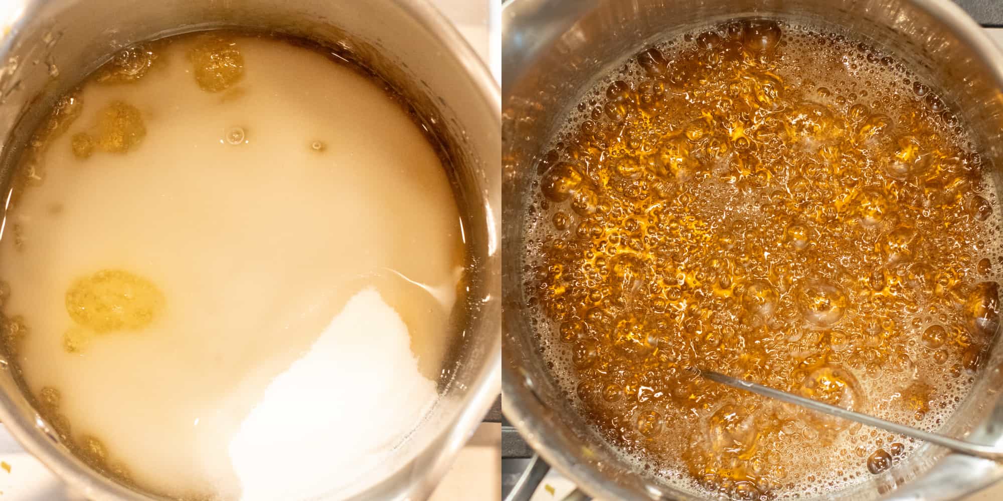 a picture of a pot with sugar and water and then it boiling.