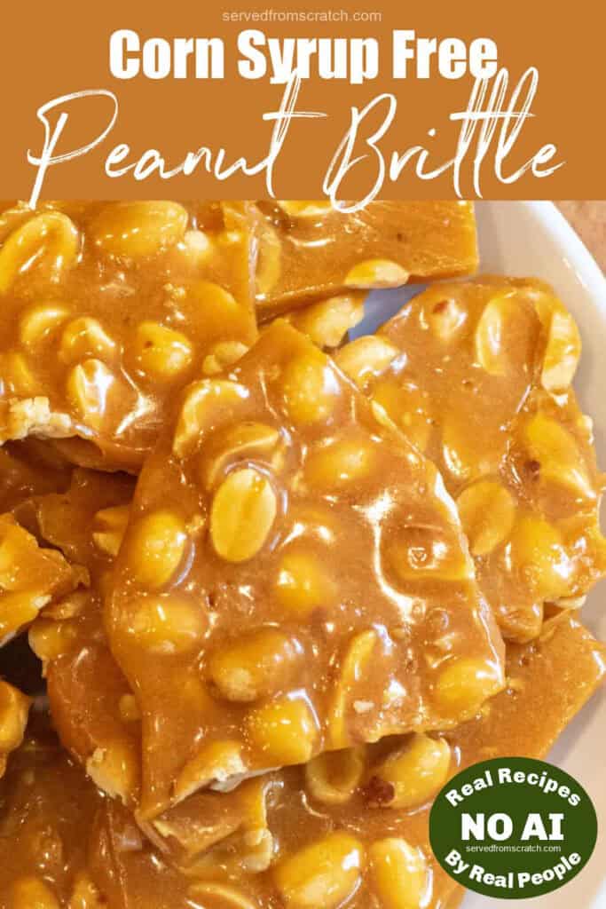 a plate of peanut brittle with Pinterest pin text with NO AI sticker.