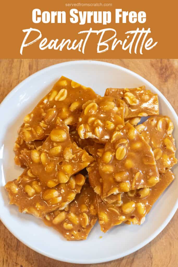 a plate of peanut brittle with Pinterest pin text.
