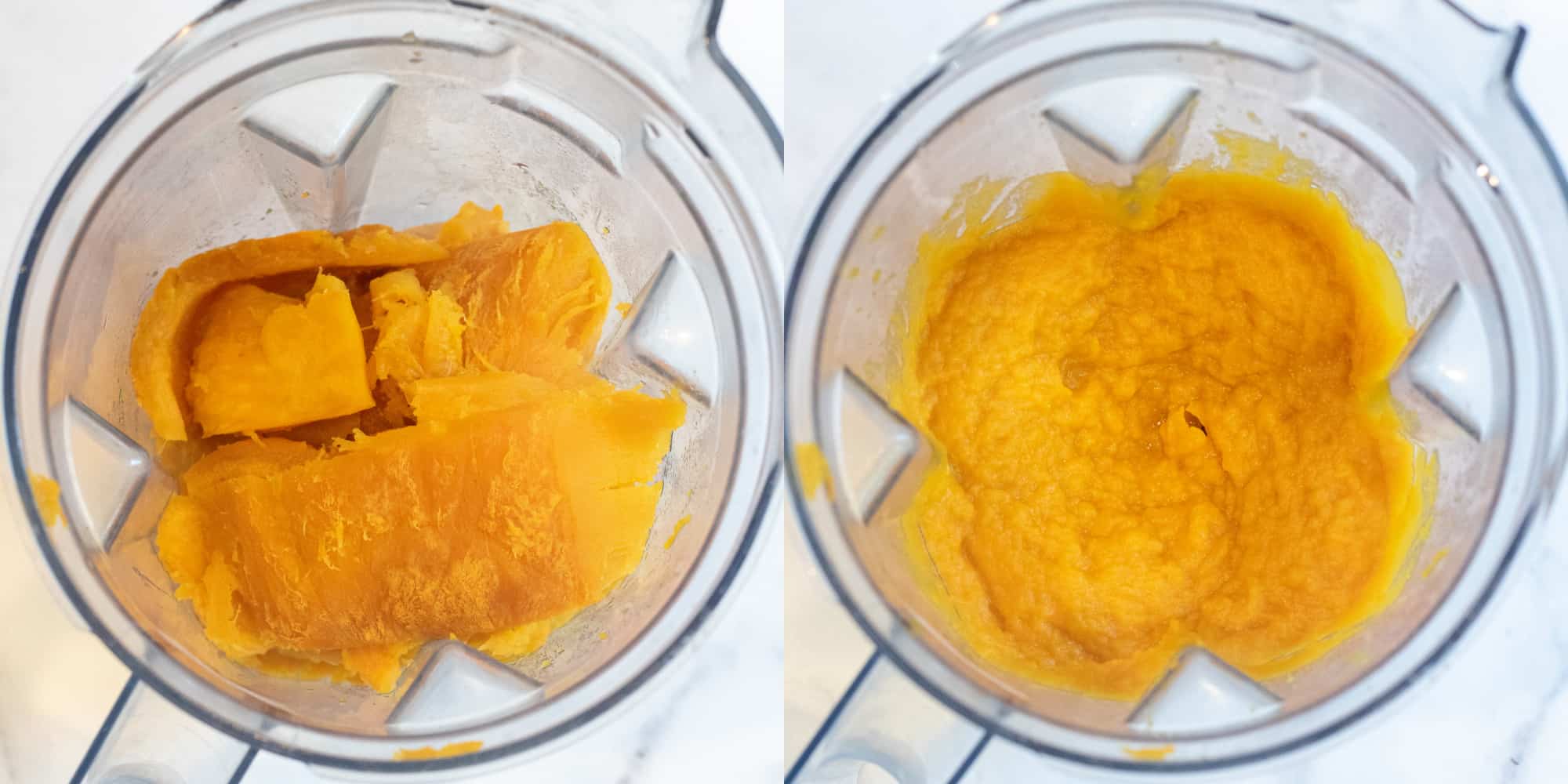 two pictures of an overhead of an open blender with roasted pumpkin pieces and with it all blended.