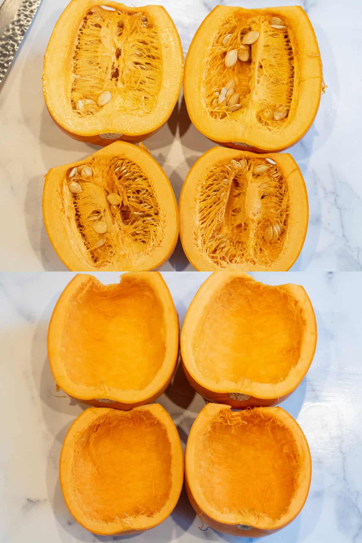 picture of pumpkins cut in half and then all of the seeds removed.