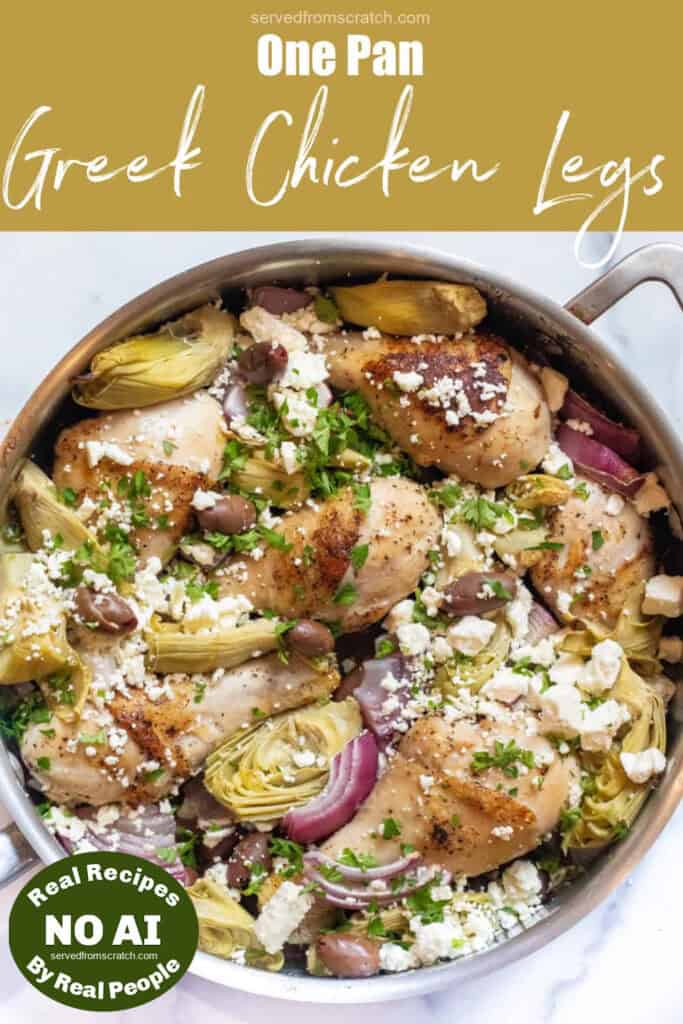 a pan of chicken legs, olives, artichokes, and feta cheese with Pinterest pin text with NO AI sticker.