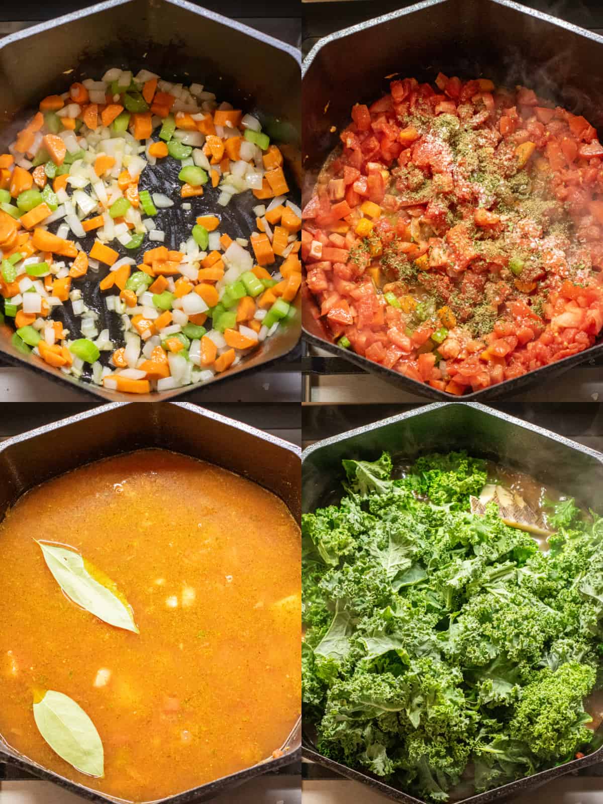 4 dutch ovens one with carrots, onions, and celery cooking, one with tomatoes and herbs added, one with stock added and bay leaves, and one with fresh kale added.