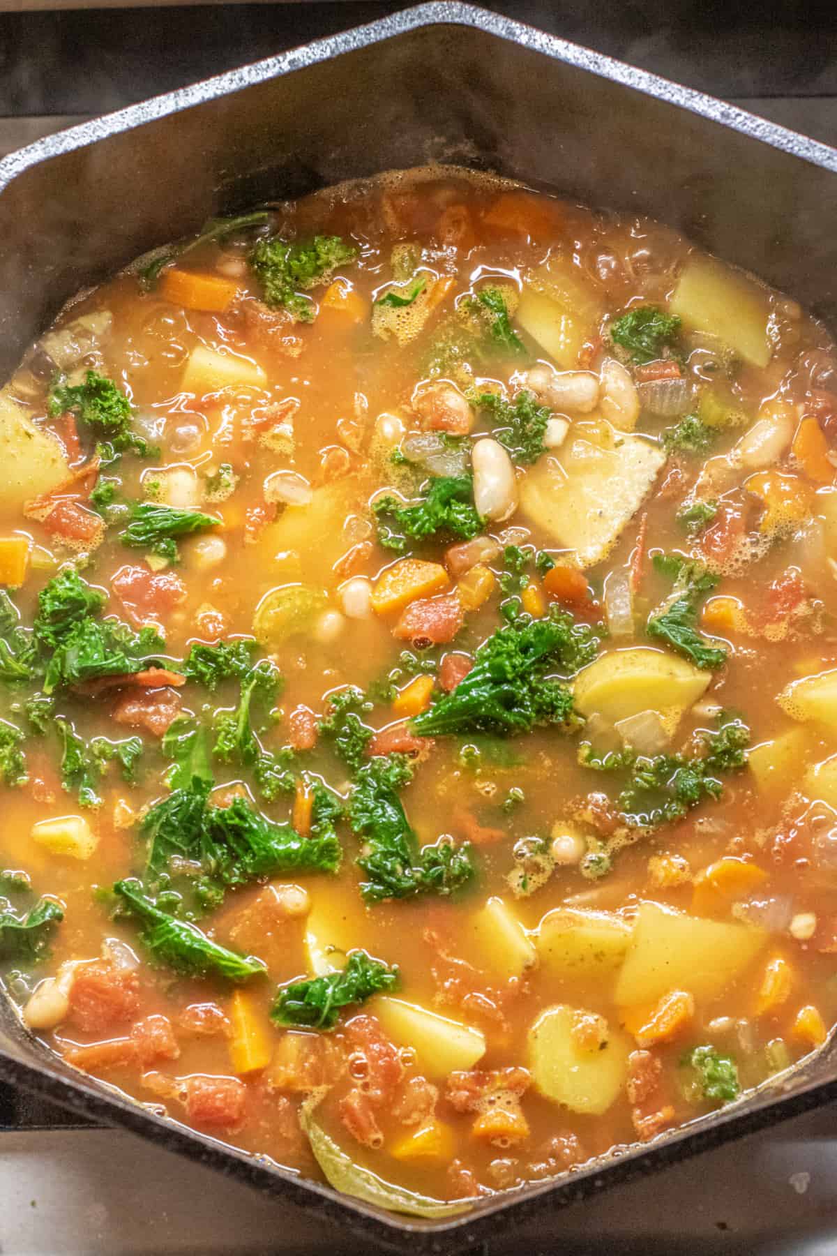 a cast iron dutch oven with soup with a tomato base, kale, and potatoes and beans.