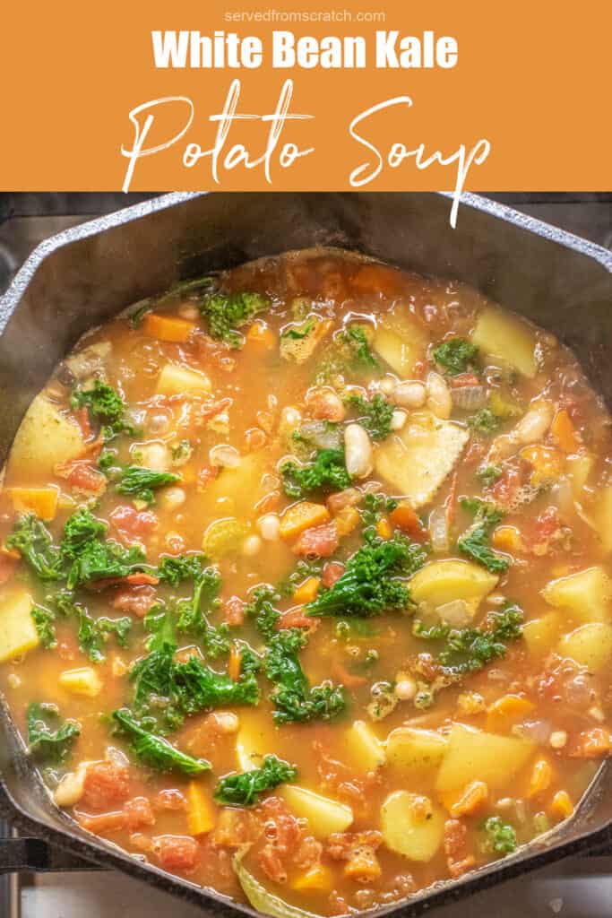 a cast iron dutch oven with soup with a tomato base, kale, and potatoes and beans with Pinterest pin text.