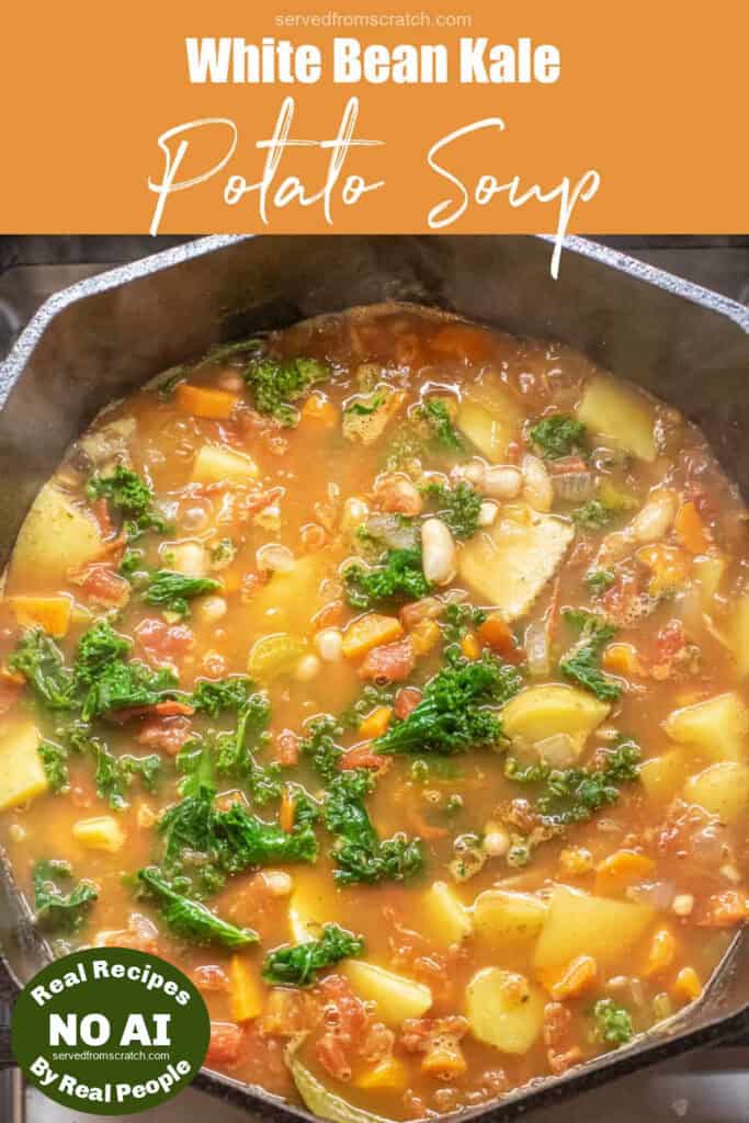 a cast iron dutch oven with soup with a tomato base, kale, and potatoes and beans with Pinterest pin text with NO AI sticker.