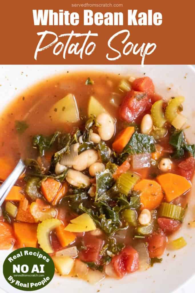 an overhead of a bowl of soup with kale, potatoes, beans, and carrots with a spoon in it with Pinterest pin text with NO AI sticker.