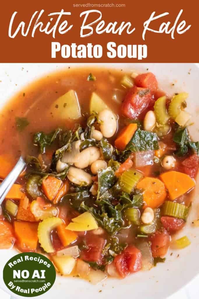 an overhead of a bowl of soup with kale, potatoes, beans, and carrots with a spoon in it with Pinterest pin text with NO AI sticker.