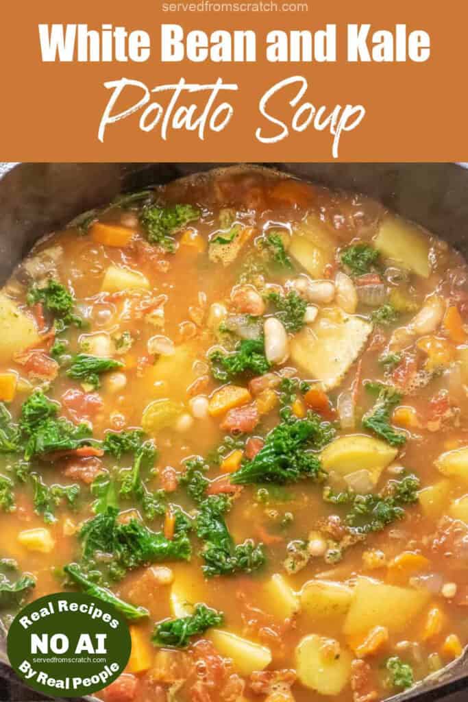 a cast iron dutch oven with soup with a tomato base, kale, and potatoes and beans with Pinterest pin text with NO AI sticker.