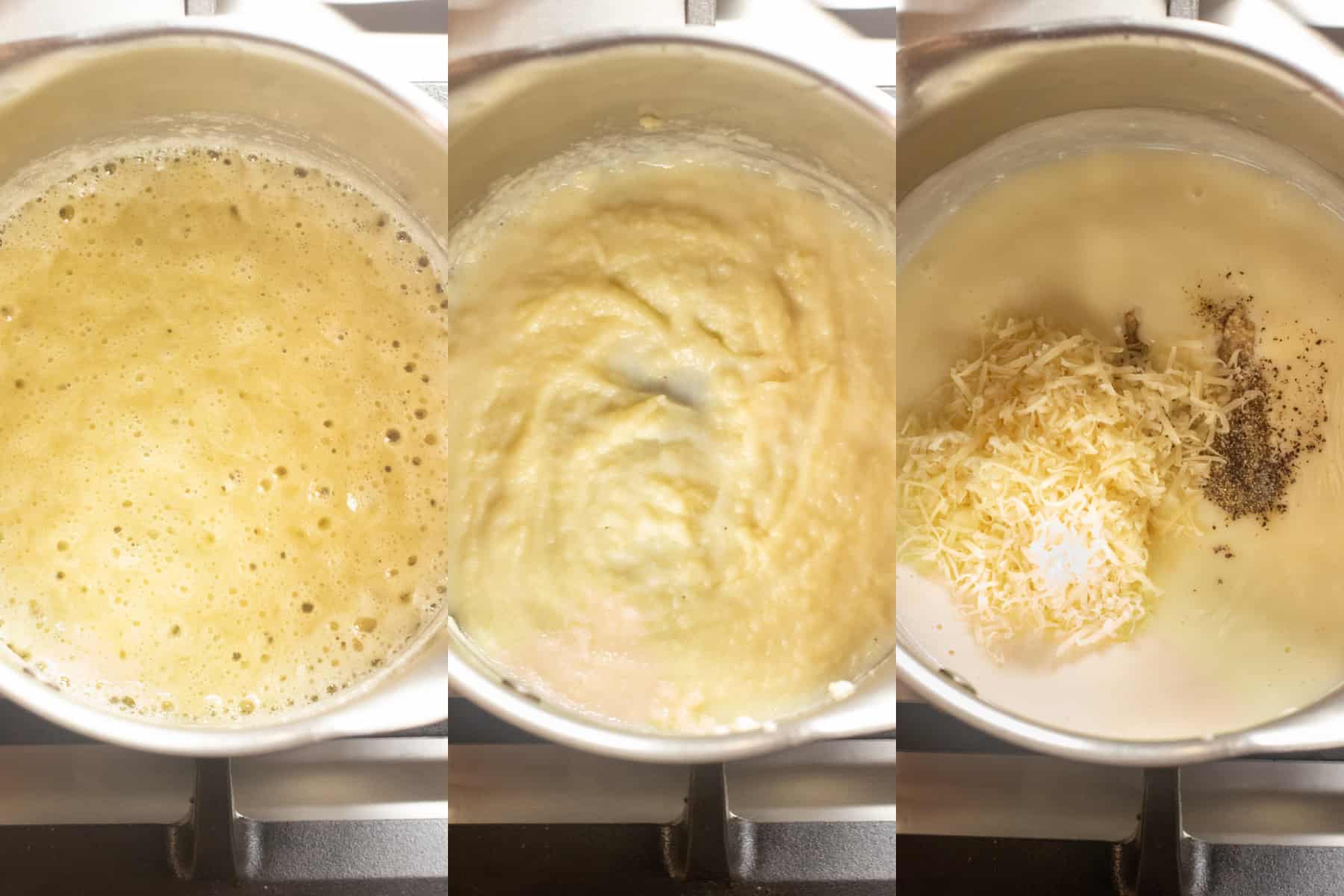 3 pictures of a pot being made into a bechamel sauce.