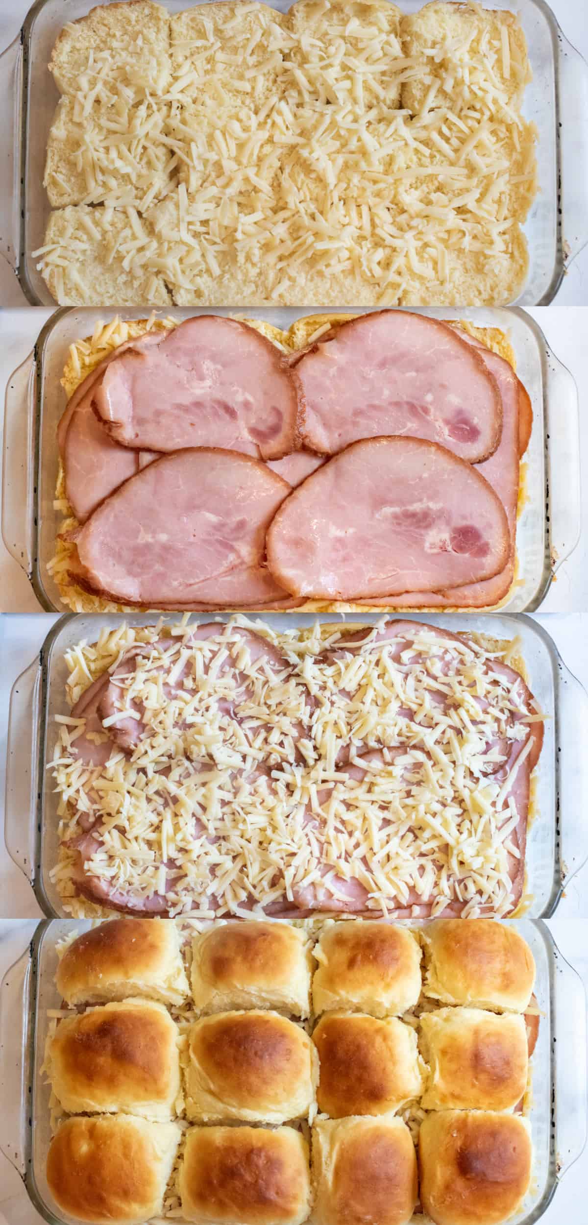 a tray of halved buns, sliced ham on top, cheese, and then the top of the buns.