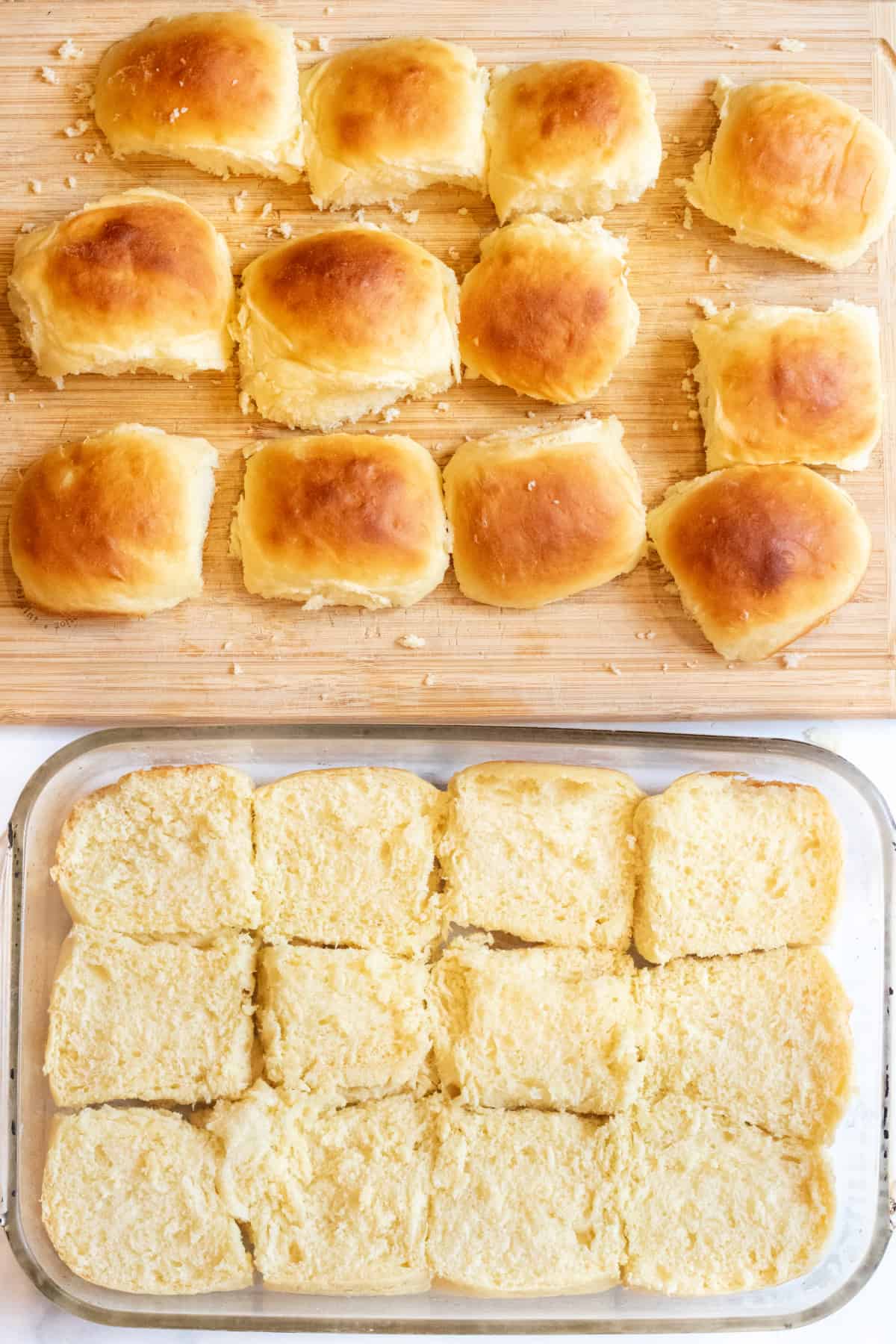 a picture of a cutting board with the tops of rolls and then the tray with the bottom half.