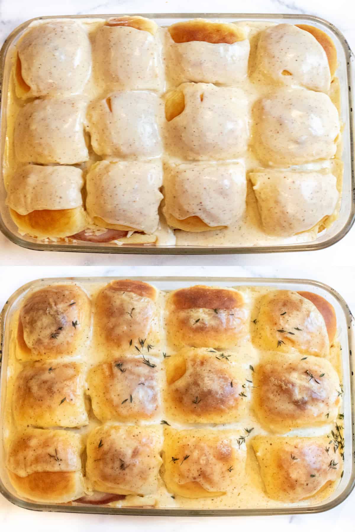a tray of sliders with sauce on top and then it all baked.