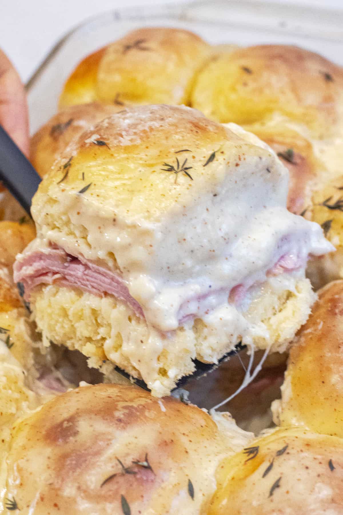 a slider with ham and bechamel sauce being held up in a pan of them.