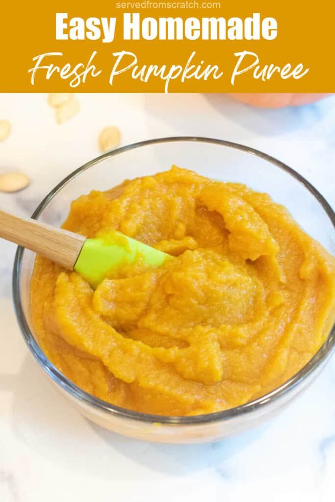 a bowl of pumpkin puree with Pinterest pin text.