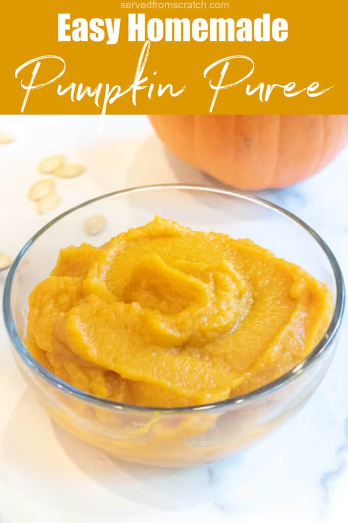 a bowl of pumpkin puree with Pinterest pin text.